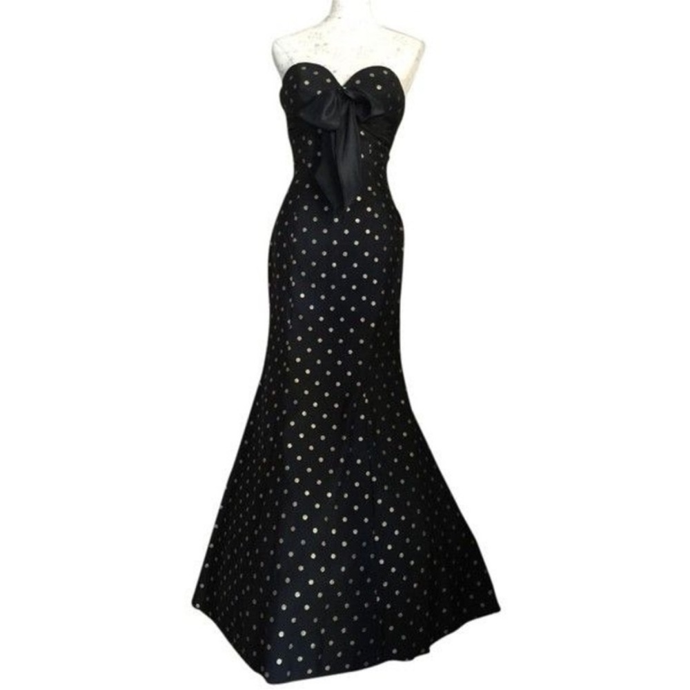 Jovani Strapless Formal Polka Dot Maxi Evening Gown Dress, Size 2, Black Gold